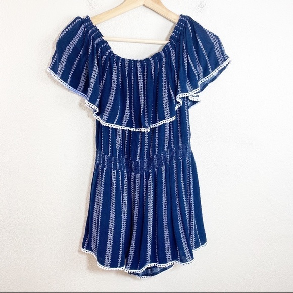 Lulus Off the Shoulder Romper Blue Embroidered Size Large - Picture 8 of 8